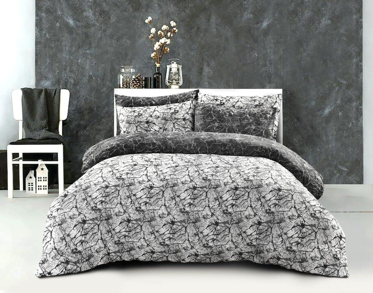 Printed Duvet Cover Black Bedding Set with Pillowcases Grey Reversible Double King Super King UK Size Quilt Covers