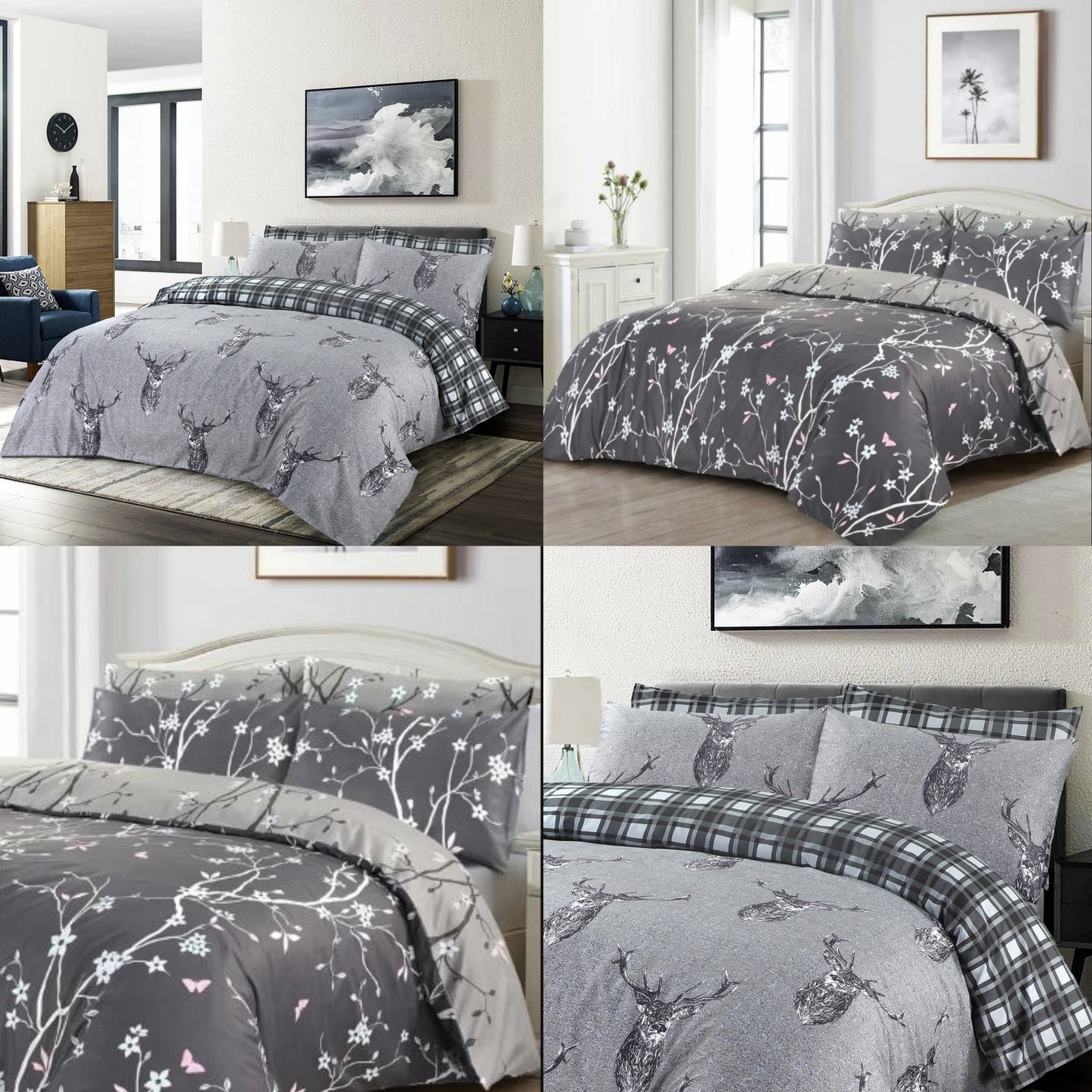 Printed Duvet Cover Grey Bedding Set with Pillowcases Reversible Double King Super King UK Size Quilt Covers