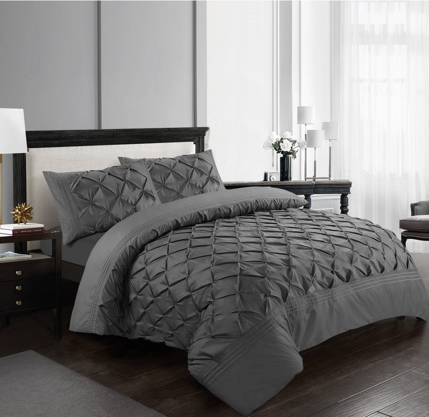 Pinch Pleated Duvet Cover Set Soft 100% Microfiber Pintuck Bedding Sets with Pillowcases - seventhstitch