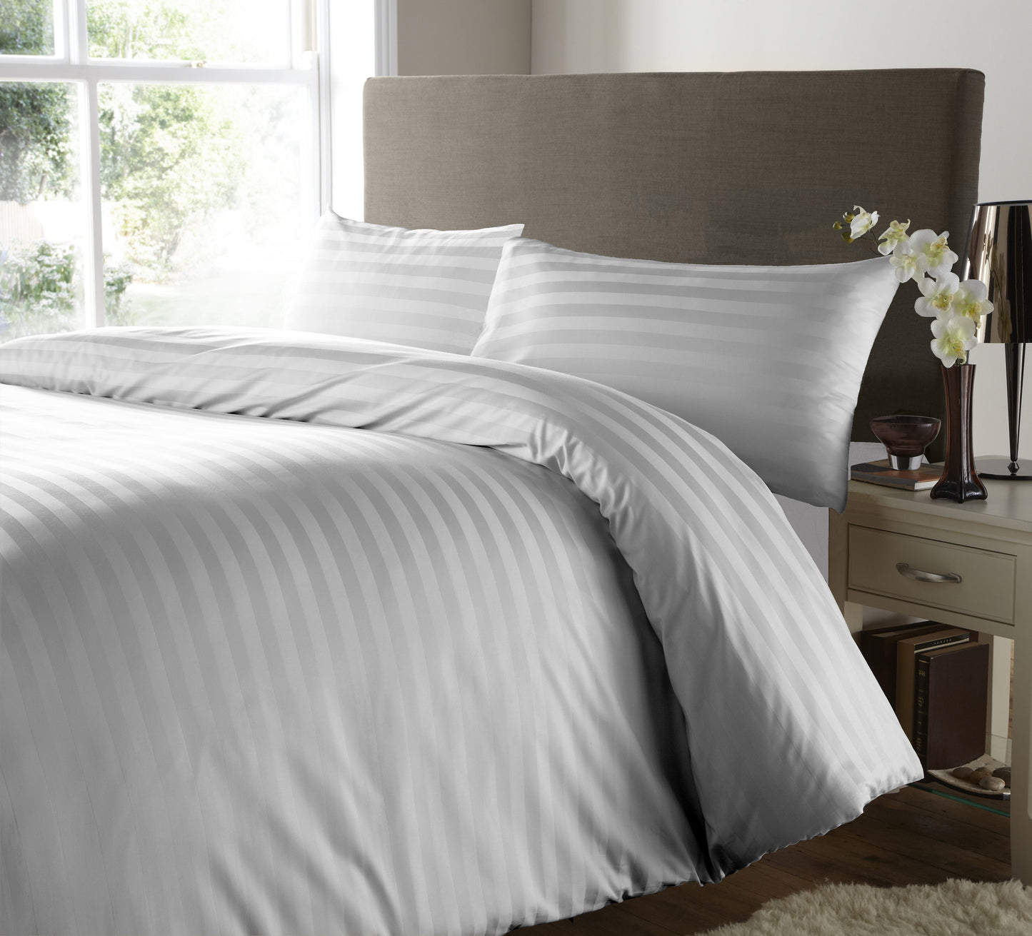 400 Thread Count Satin Stripe Duvet Cover 100% Egyptian Cotton Bedding White Grey - seventhstitch