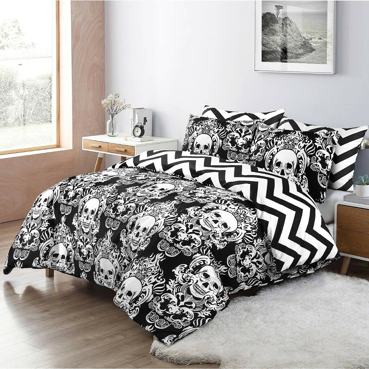 Skull Duvet Cover set 100% Cotton Gothic Bedding Sets Double King Super King Size Black Quilt Covers - seventhstitch