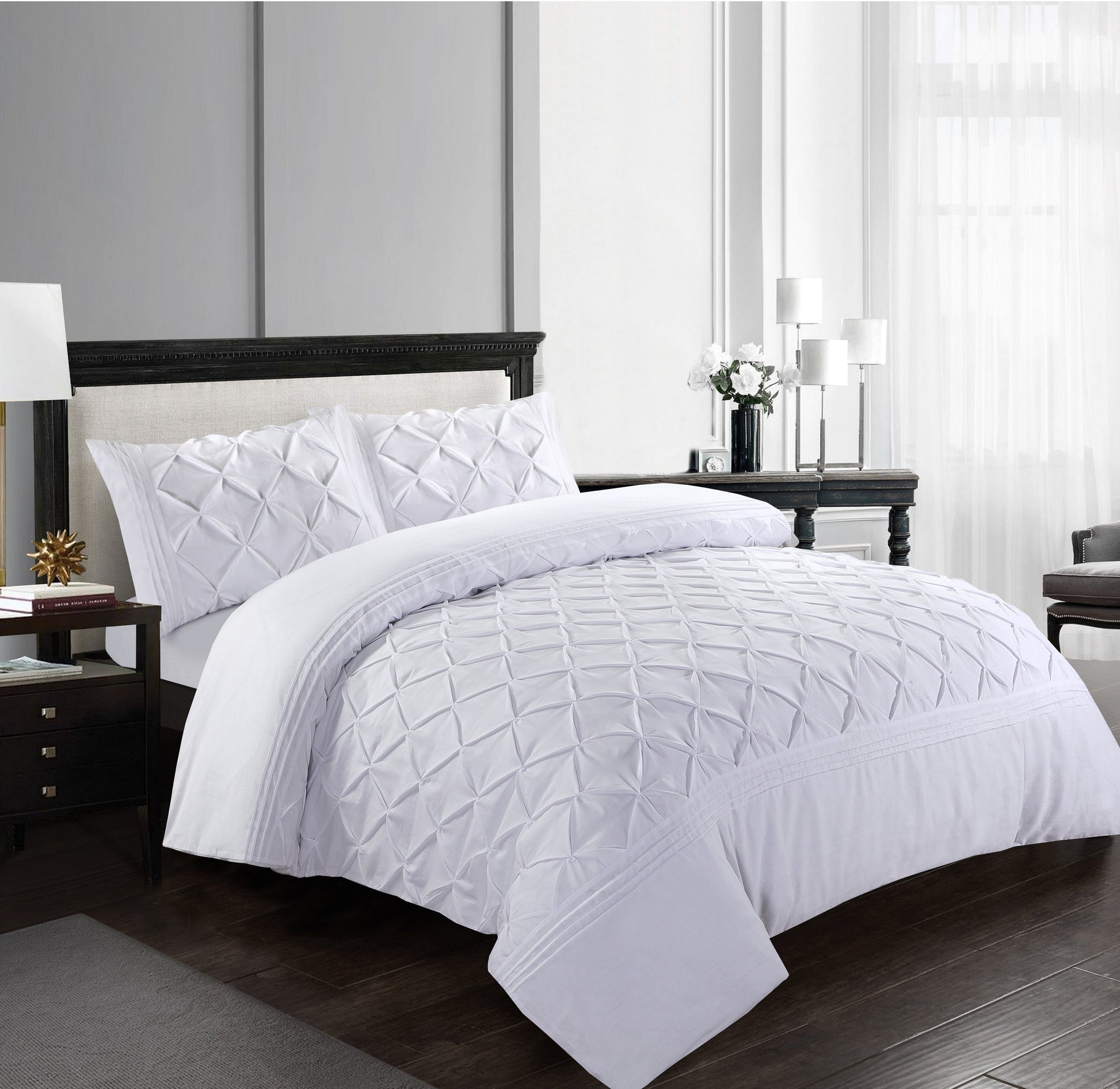 Pinch Pleated Duvet Cover Set Soft 100% Microfiber Pintuck Bedding Sets with Pillowcases - seventhstitch