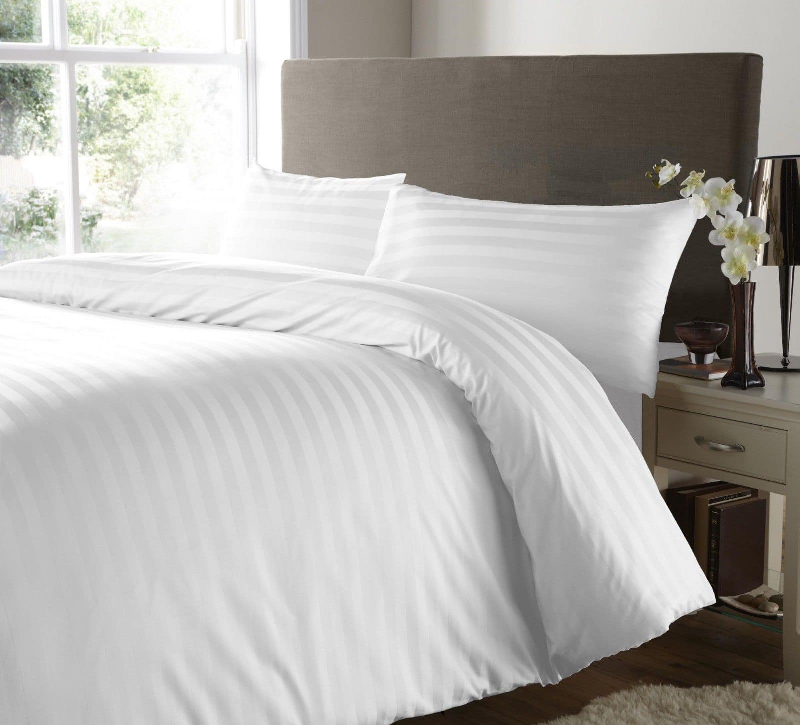 400 Thread Count Satin Stripe Duvet Cover 100% Egyptian Cotton Bedding White Grey - seventhstitch